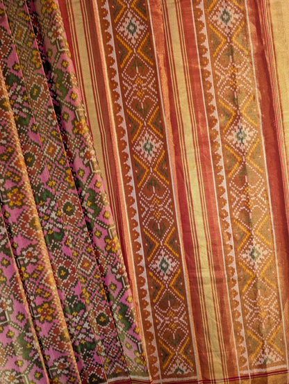 Handloom Tissue Patola Pure Silk Saree X Pink &amp; Mustard