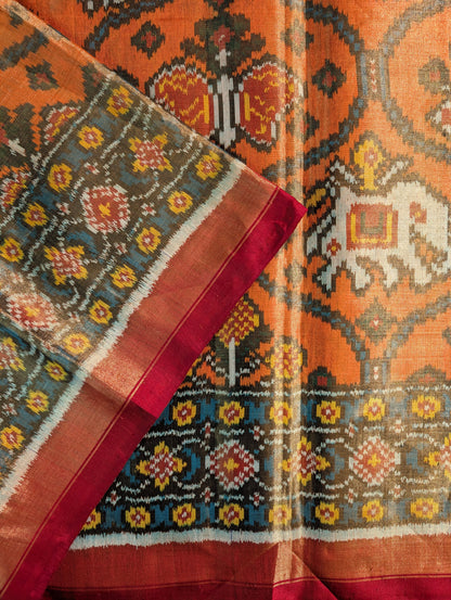 Handloom Tissue Patola Pure Silk Saree X Traditional Orange