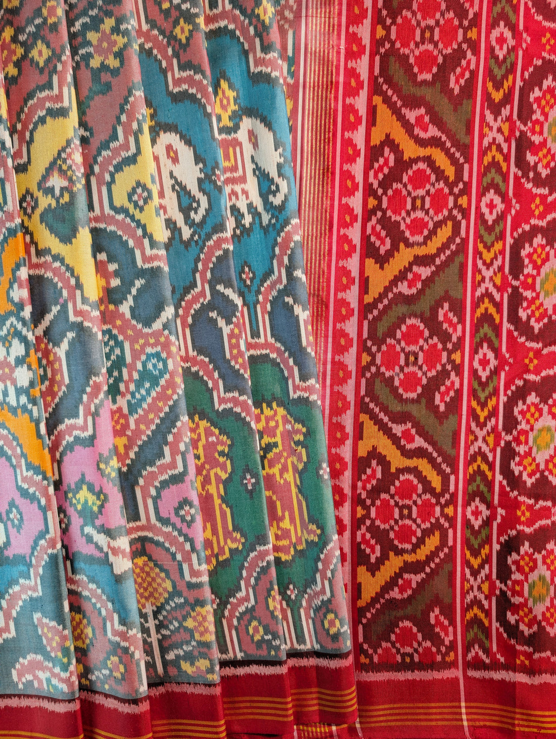 Handloom Tissue Patola Pure Silk Saree X Multicolor with Red Border
