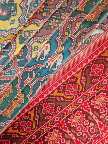 Handloom Tissue Patola Pure Silk Saree X Multicolor with Red Border