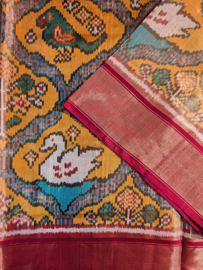 Handloom Tissue Patola Pure Silk Saree X Vibrant Yellow &amp; Maroon