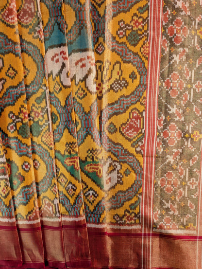Handloom Tissue Patola Pure Silk Saree X Vibrant Yellow &amp; Maroon