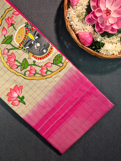 Pure Handloom Gadwal X Hand Painting - Soft Pink &amp; Beige