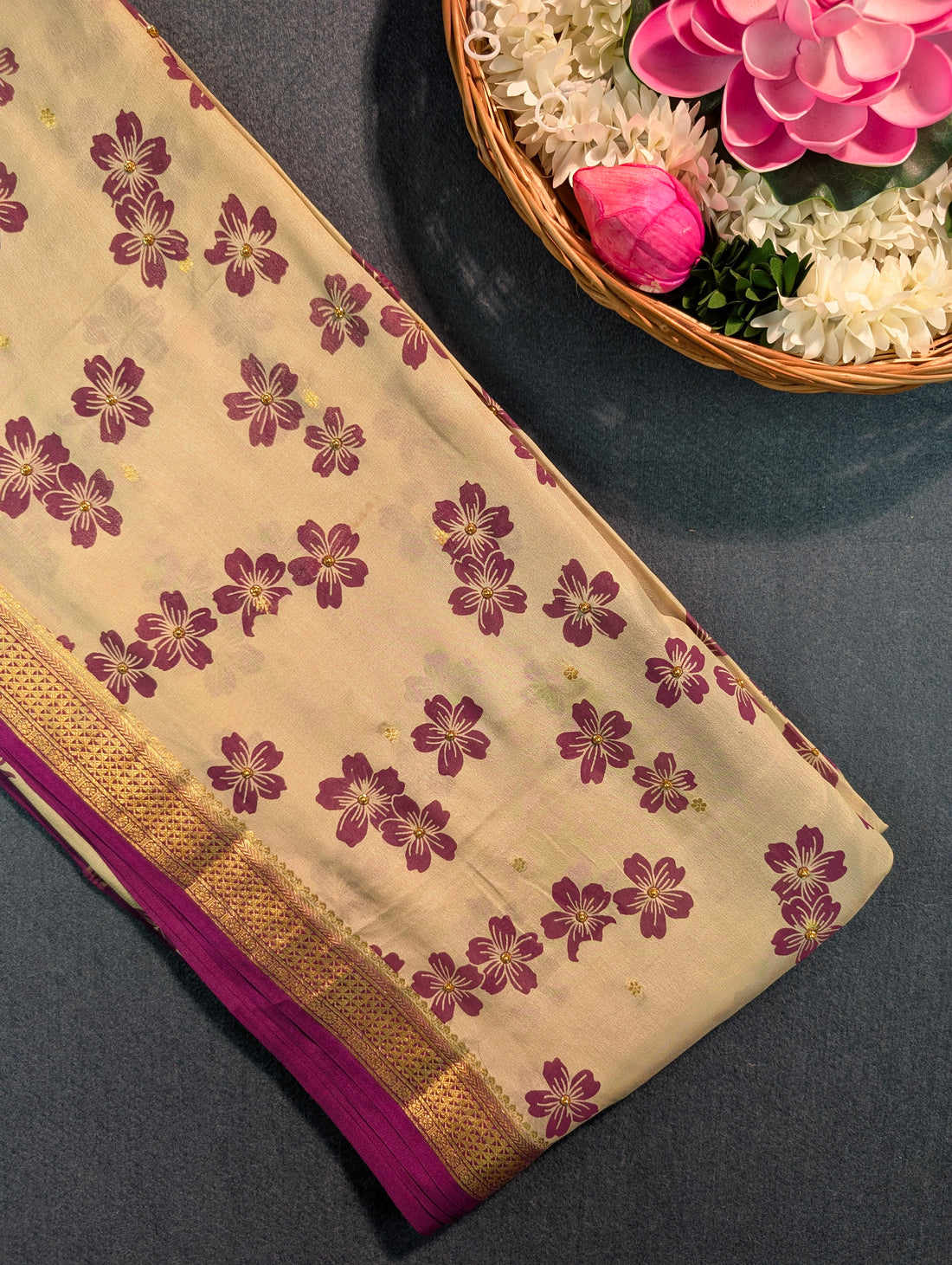 Pure Mysore Silk Crepe - Pastel Green w/t Purple