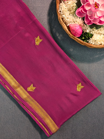 Pure Mysore silk Crepe  X Hand Embroidery - Wine