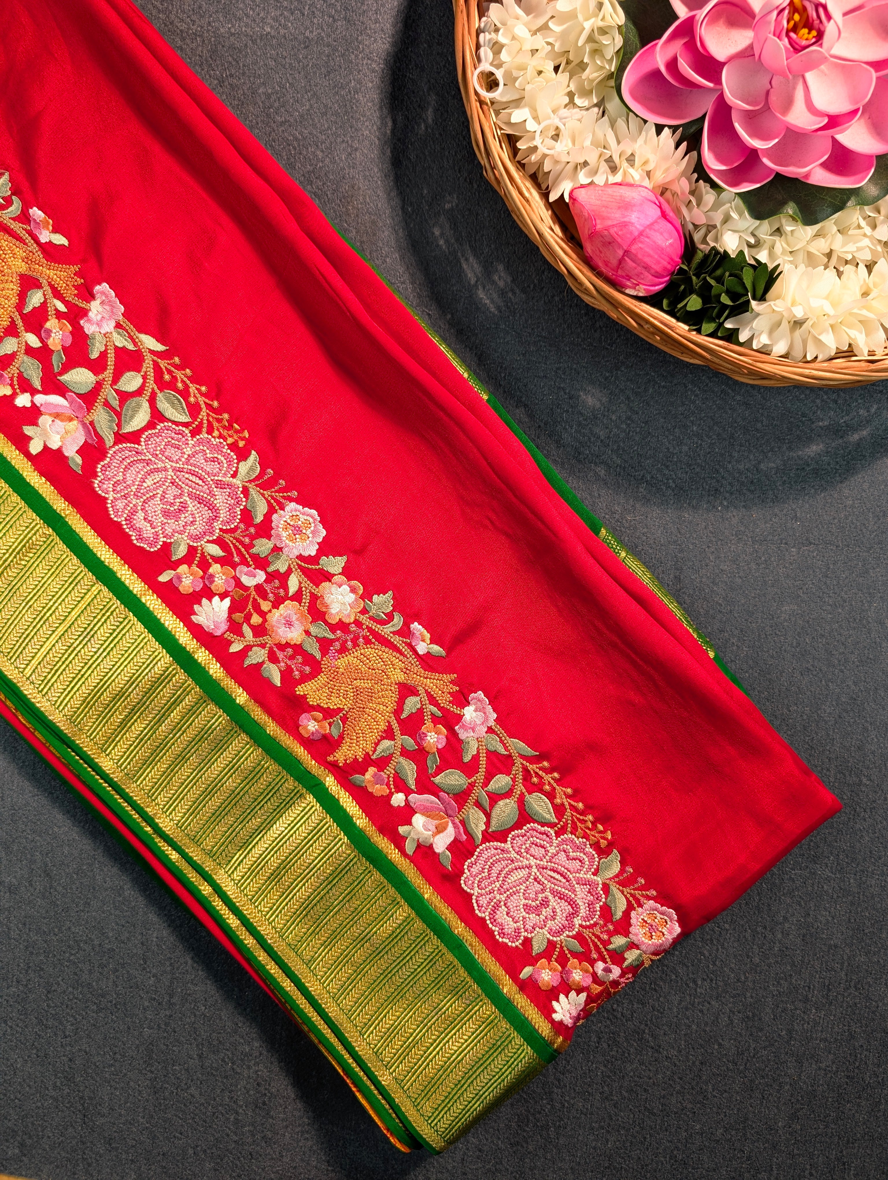 Pure Mysore Silk Crepe X Embroidery - Red &amp; Green