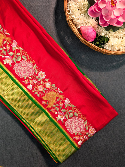 Pure Mysore Silk Crepe X Embroidery - Red &amp; Green