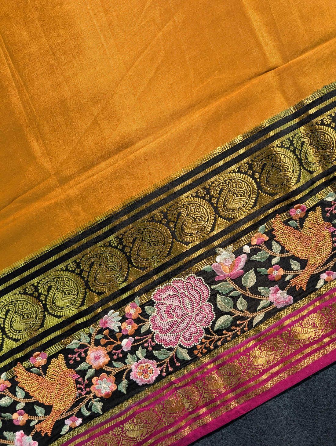 Pure Mysore Silk Crepe X Embroidery - Mustard Yellow