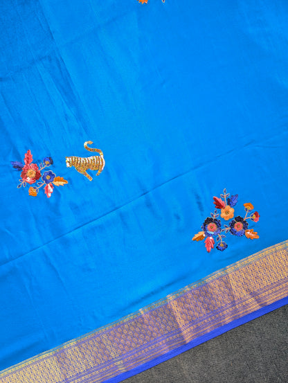 Pure Mysore Silk Crepe X Hand embroidery - Blue