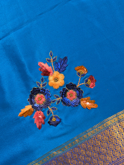 Pure Mysore Silk Crepe X Hand embroidery - Blue