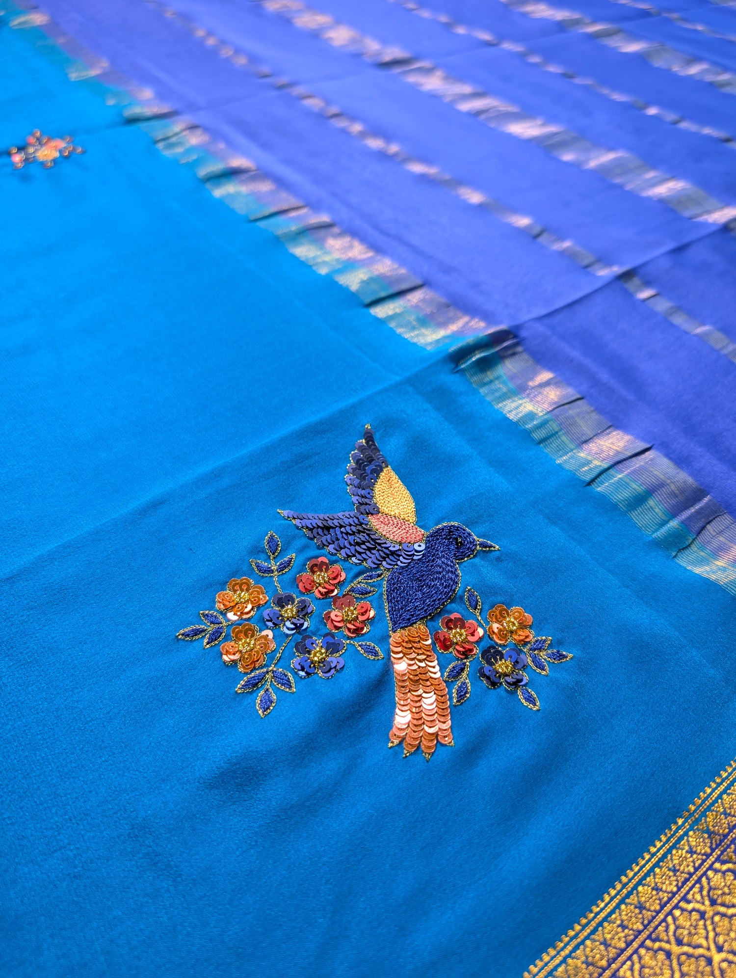 Pure Mysore Silk Crepe X Hand embroidery - Blue