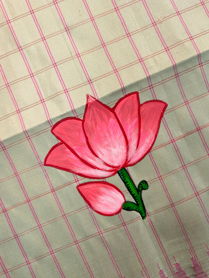 Pure Handloom Gadwal X Hand Painting - Soft Pink &amp; Beige