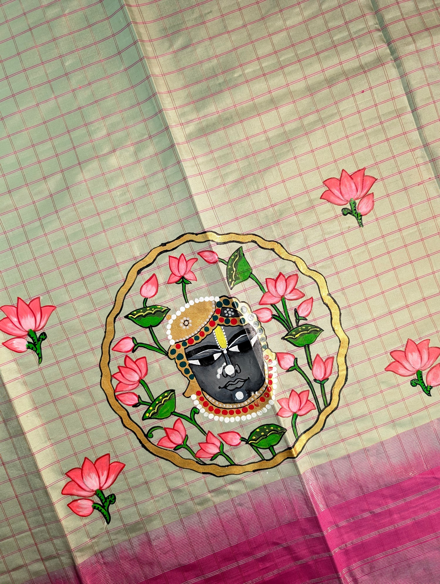Pure Handloom Gadwal X Hand Painting - Soft Pink &amp; Beige