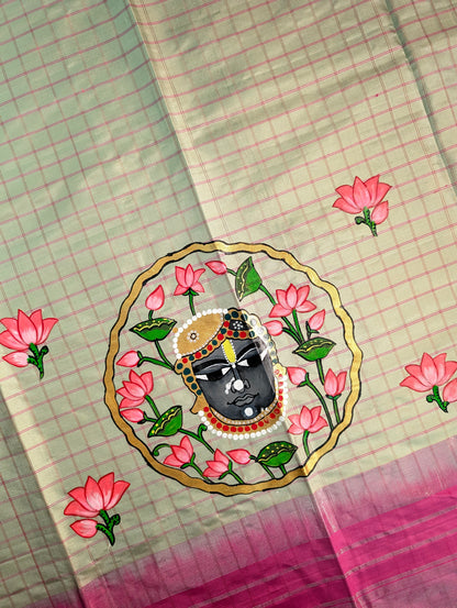 Pure Handloom Gadwal X Hand Painting - Soft Pink &amp; Beige