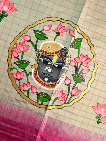 Pure Handloom Gadwal X Hand Painting - Soft Pink &amp; Beige
