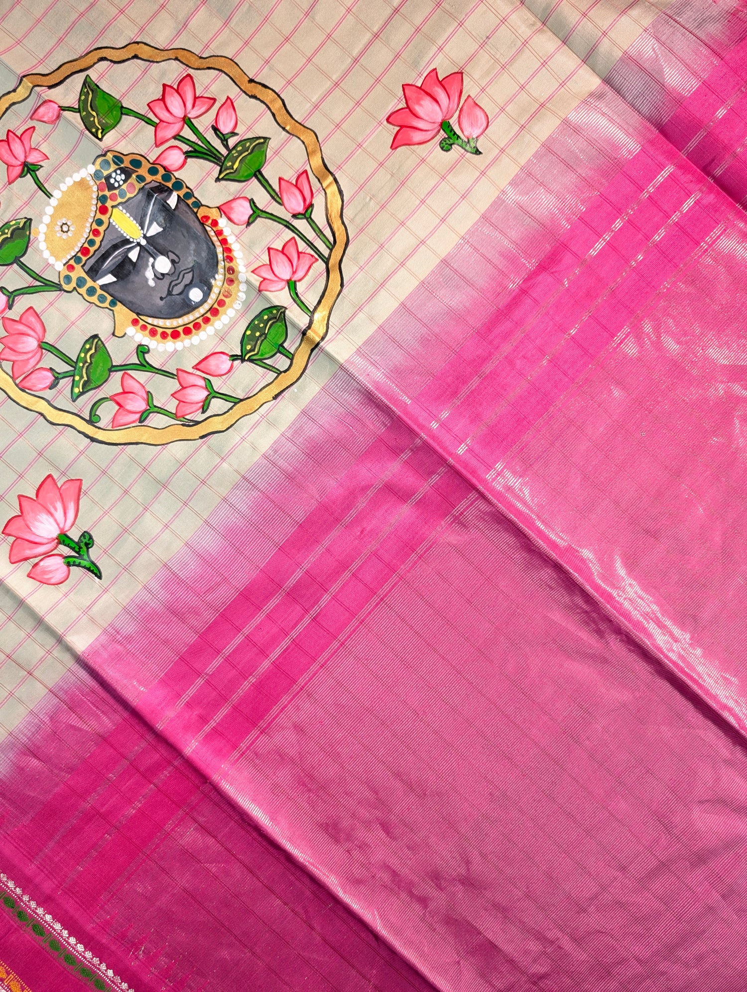 Pure Handloom Gadwal X Hand Painting - Soft Pink &amp; Beige