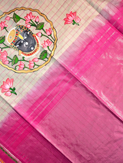 Pure Handloom Gadwal X Hand Painting - Soft Pink &amp; Beige