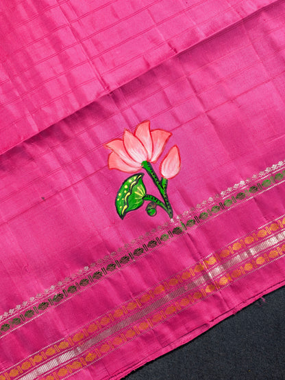 Pure Handloom Gadwal X Hand Painting - Soft Pink &amp; Beige