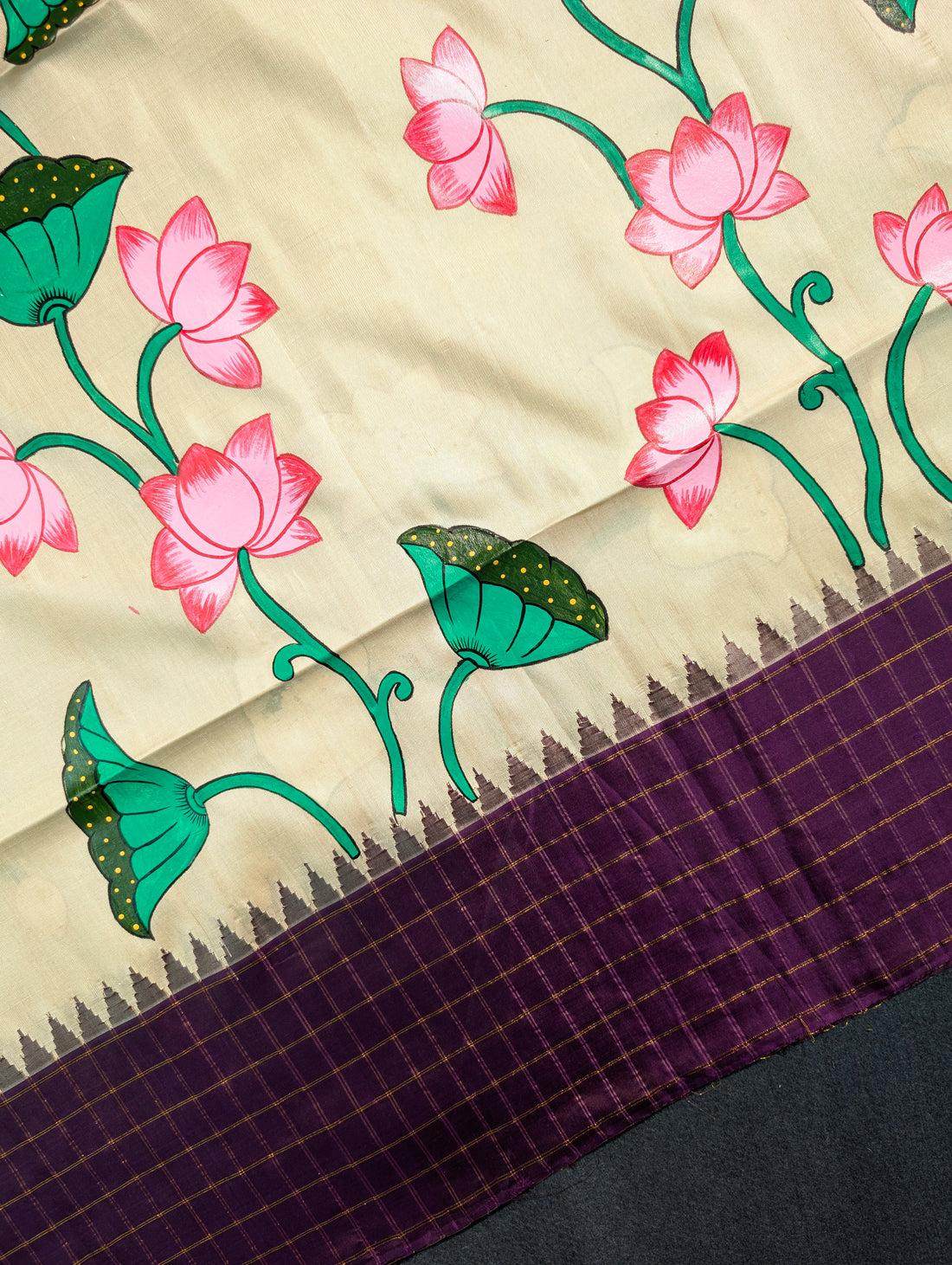 Handloom Gadwal - Elegant Lotus Hand-Painted Silk Saree