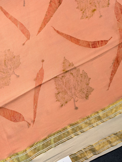 Pure Mysore Silk Crepe - Peach Eco-Print Saree with Leaf Motifs