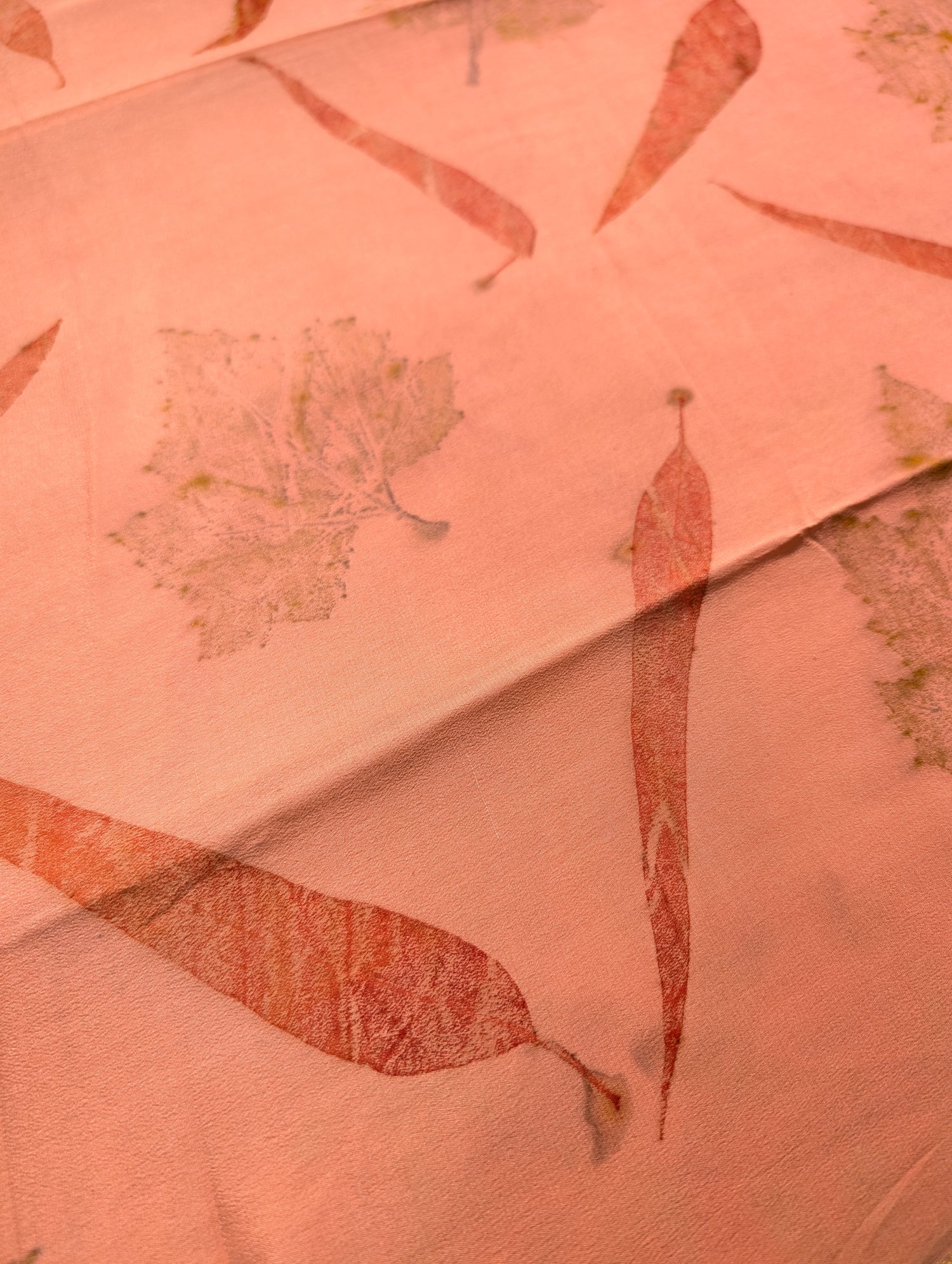 Pure Mysore Silk Crepe - Peach Eco-Print Saree with Leaf Motifs
