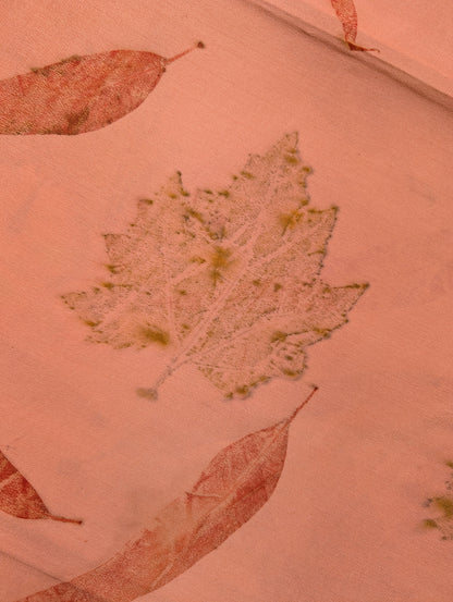 Pure Mysore Silk Crepe - Peach Eco-Print Saree with Leaf Motifs