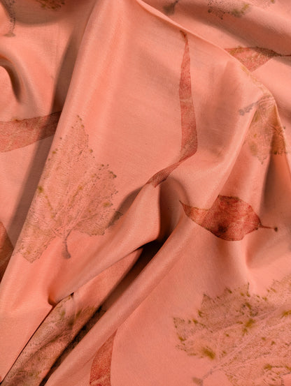 Pure Mysore Silk Crepe - Peach Eco-Print Saree with Leaf Motifs