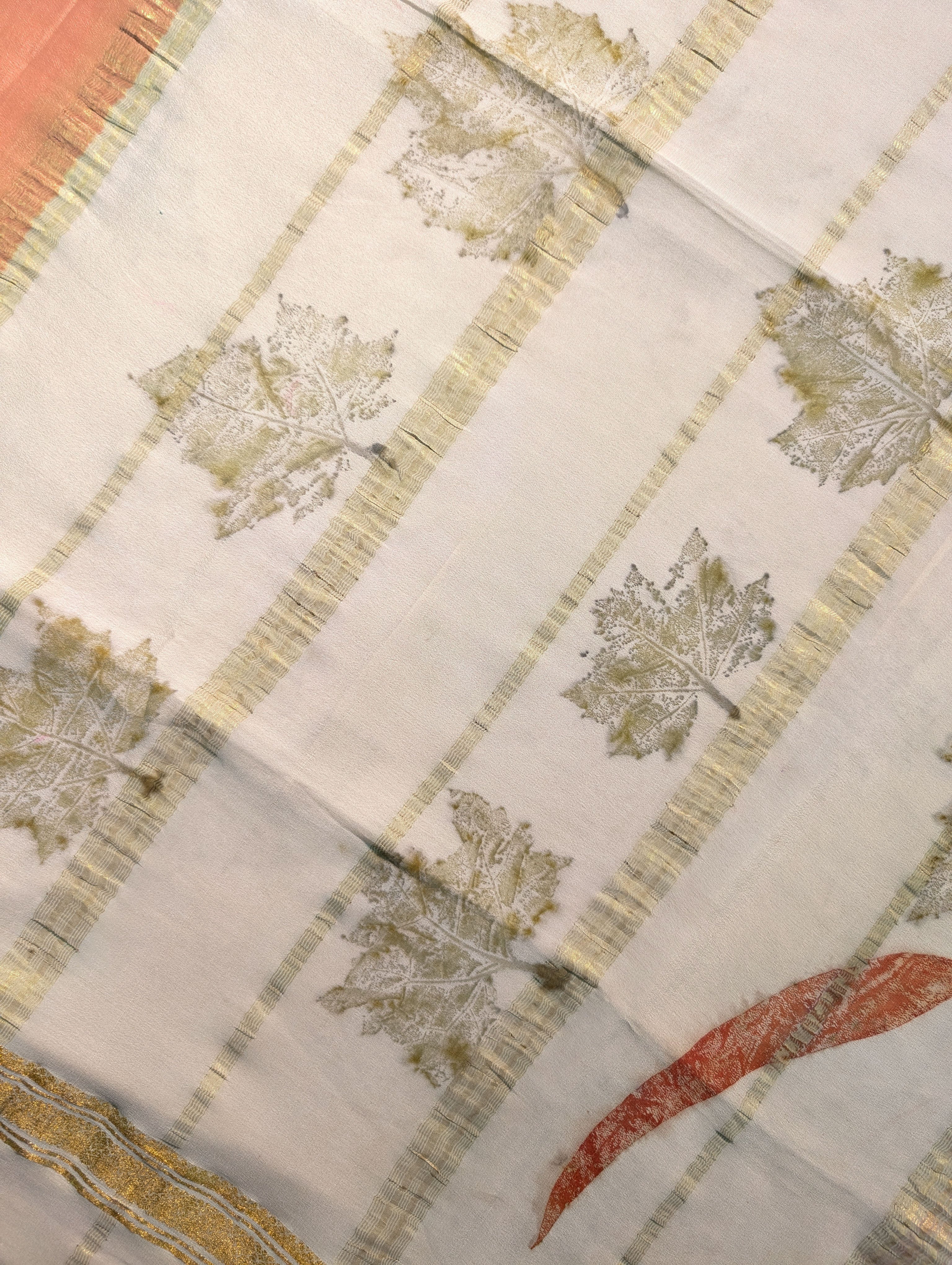 Pure Mysore Silk Crepe - Peach Eco-Print Saree with Leaf Motifs