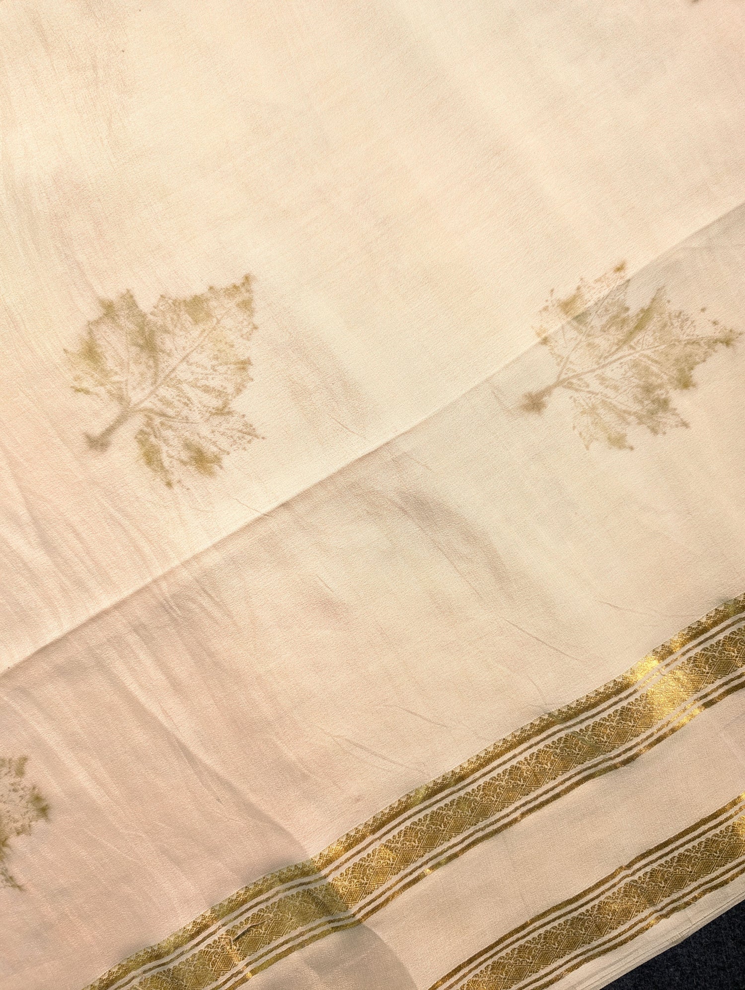 Pure Mysore Silk Crepe - Peach Eco-Print Saree with Leaf Motifs