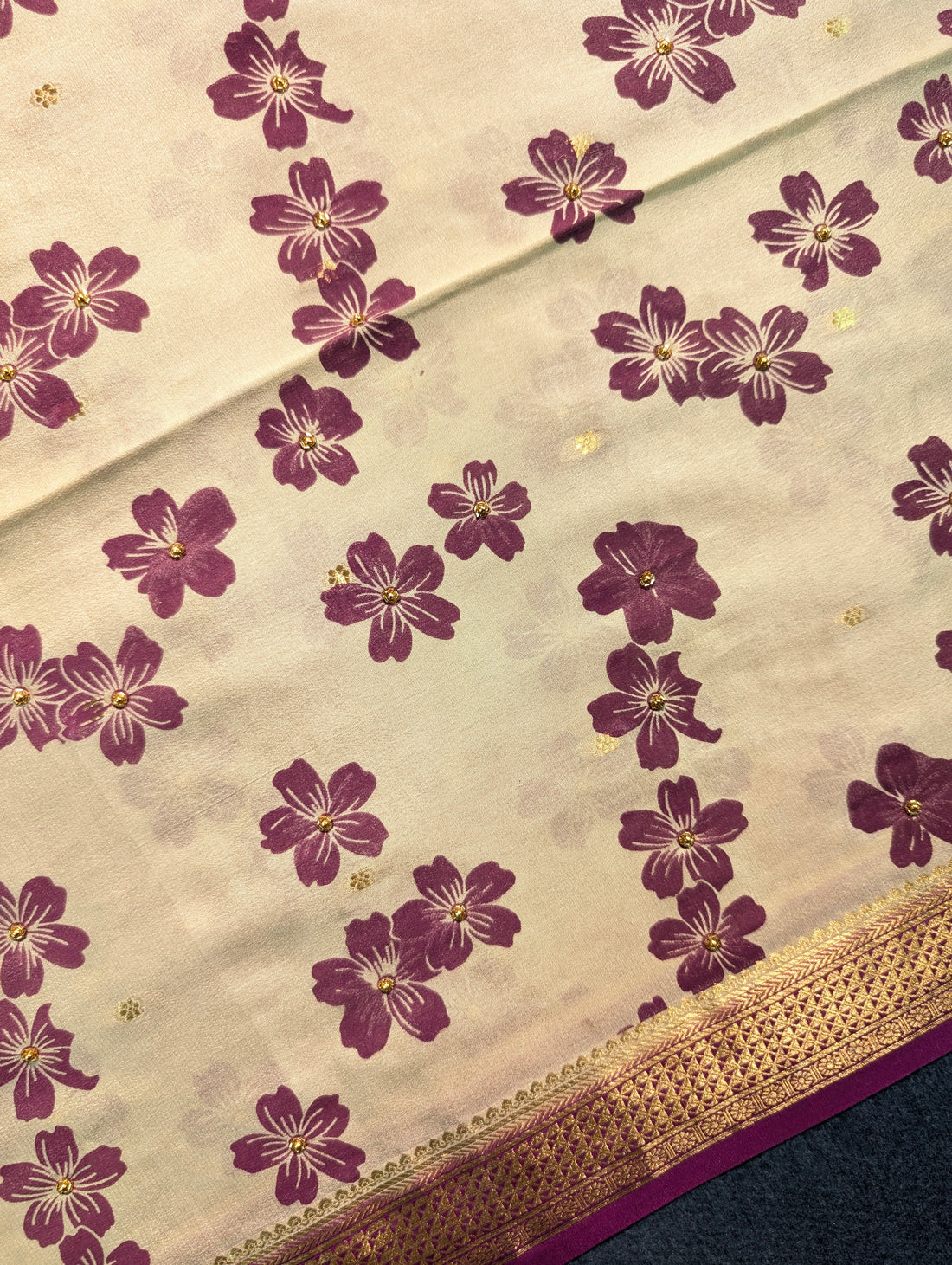 Pure Mysore Silk Crepe - Pastel Green w/t Purple