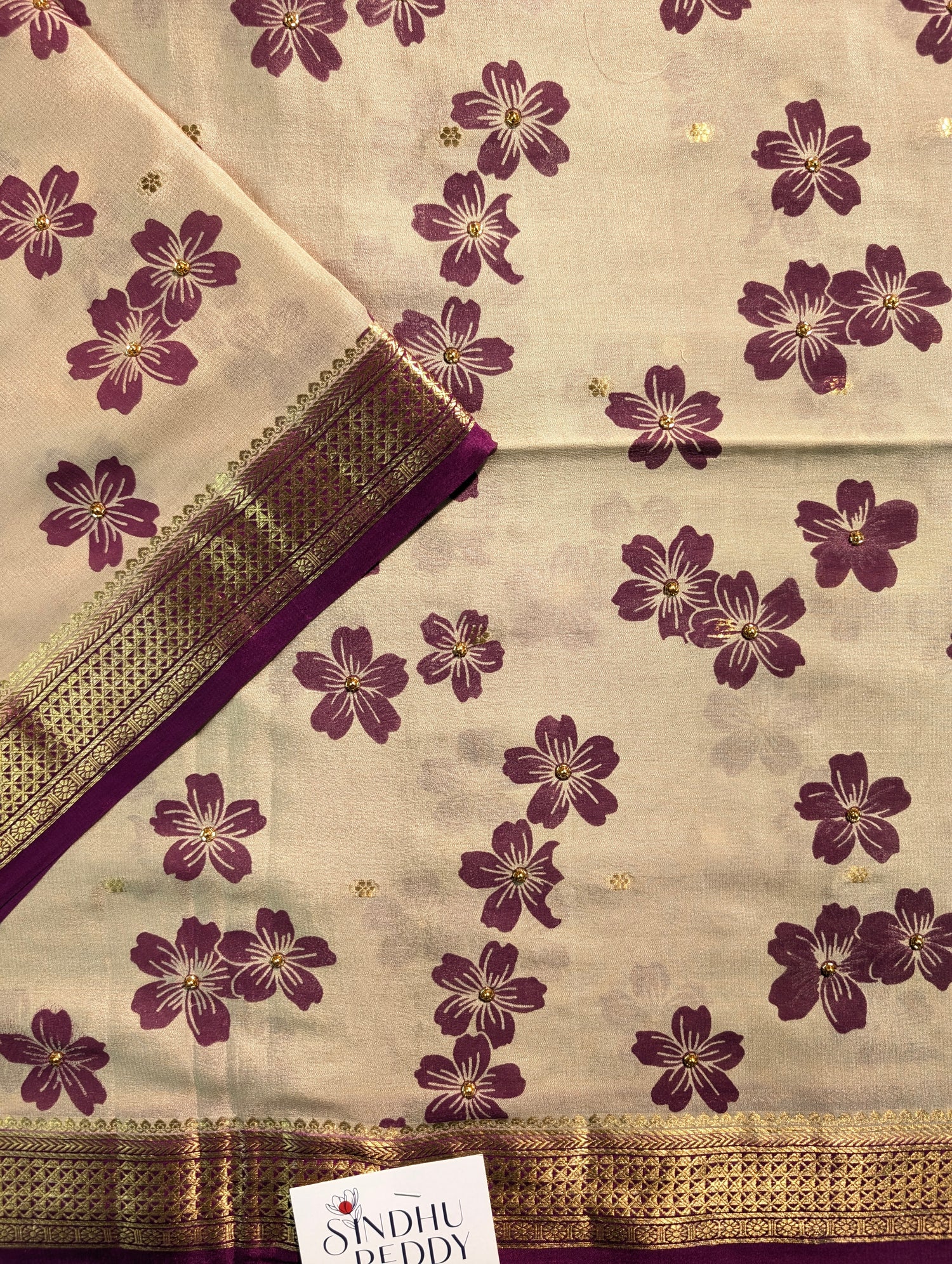 Pure Mysore Silk Crepe - Pastel Green w/t Purple