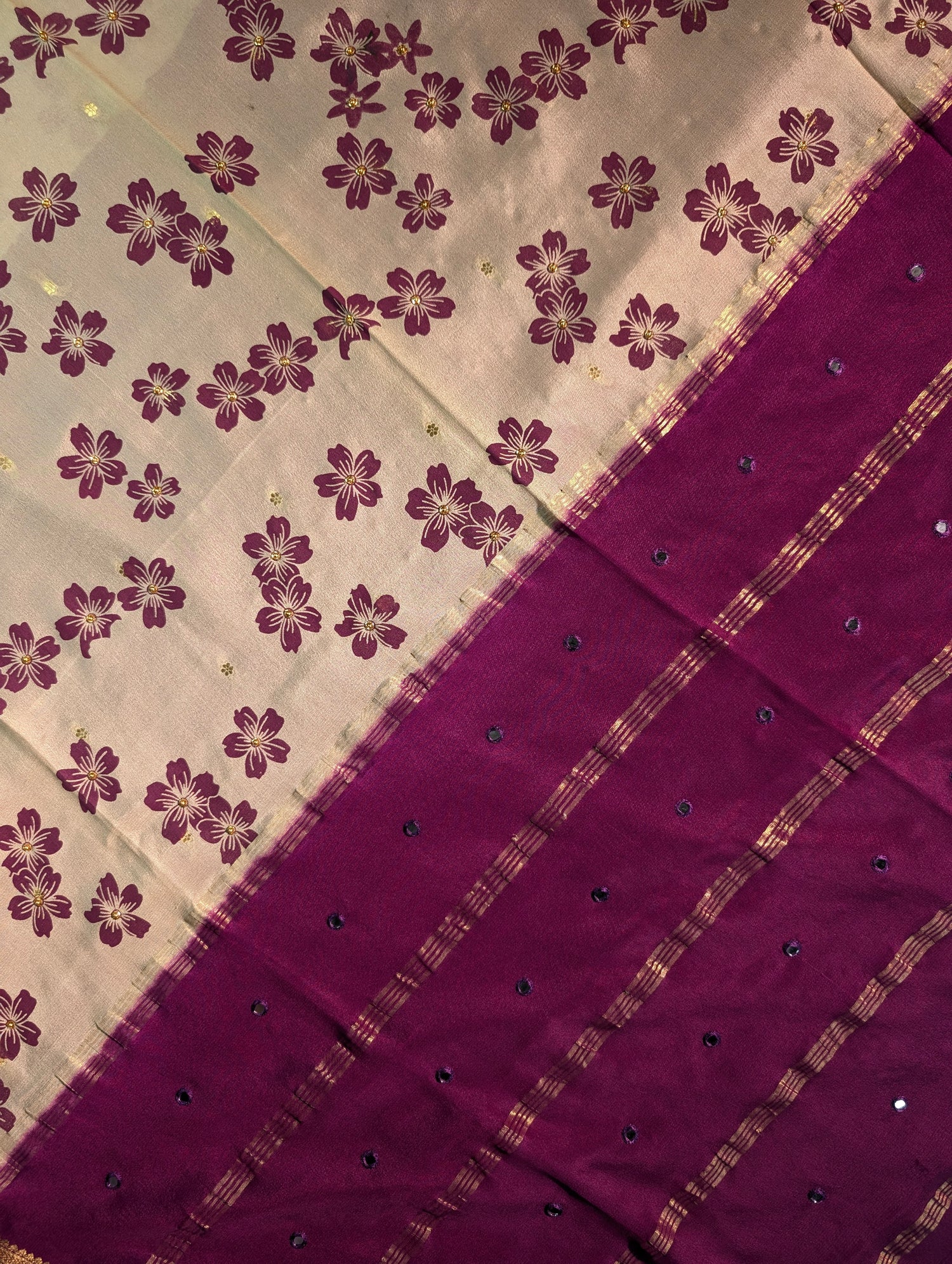 Pure Mysore Silk Crepe - Pastel Green w/t Purple