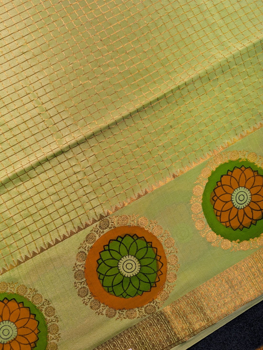 Pure Mysore Silk Crepe - Pastel Green Hand Painted Floral Saree