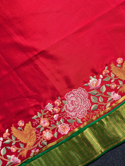 Pure Mysore Silk Crepe X Embroidery - Red &amp; Green
