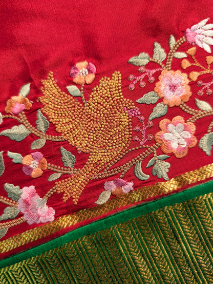 Pure Mysore Silk Crepe X Embroidery - Red &amp; Green