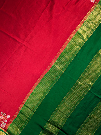 Pure Mysore Silk Crepe X Embroidery - Red &amp; Green