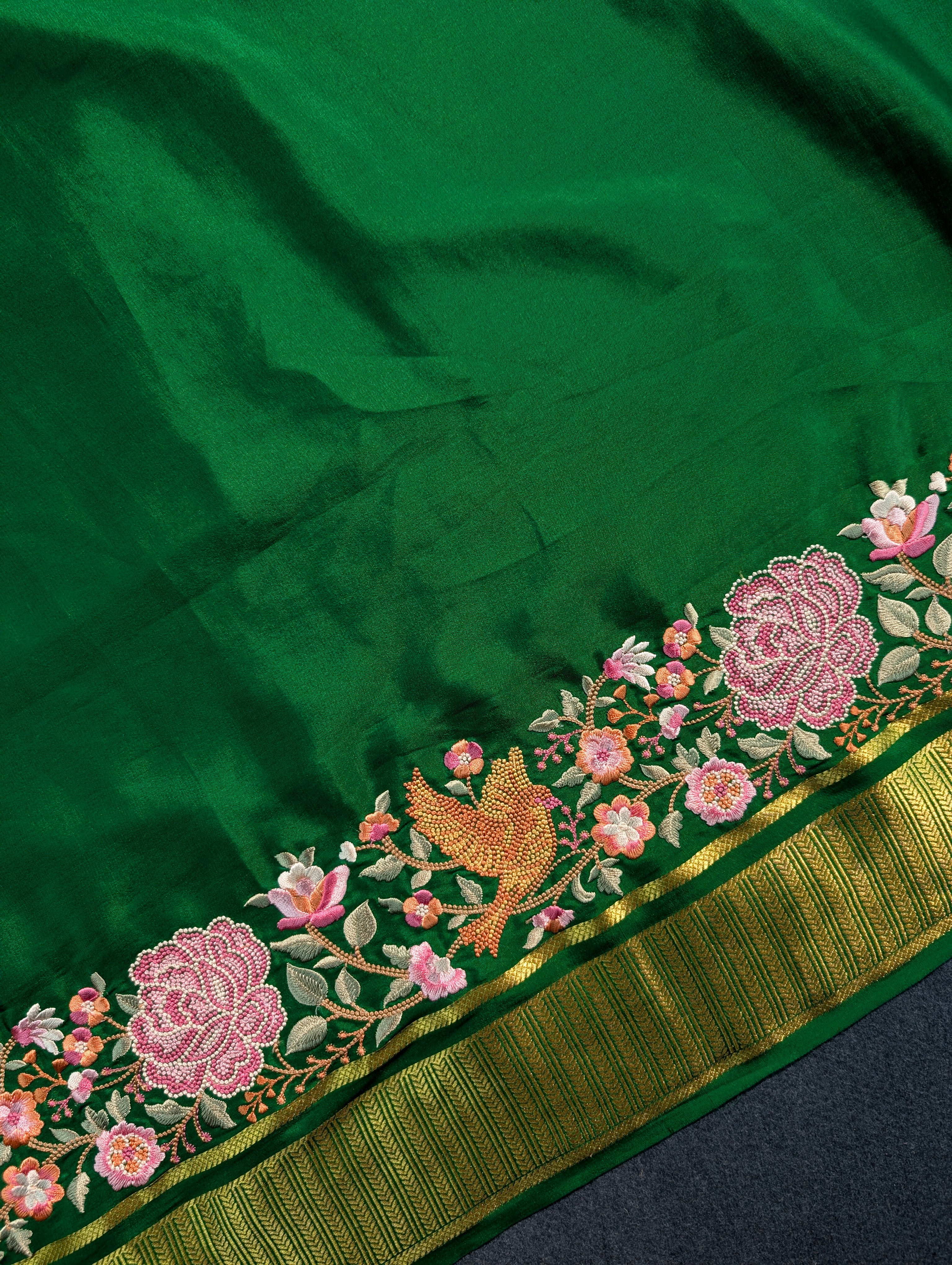 Pure Mysore Silk Crepe X Embroidery - Red &amp; Green