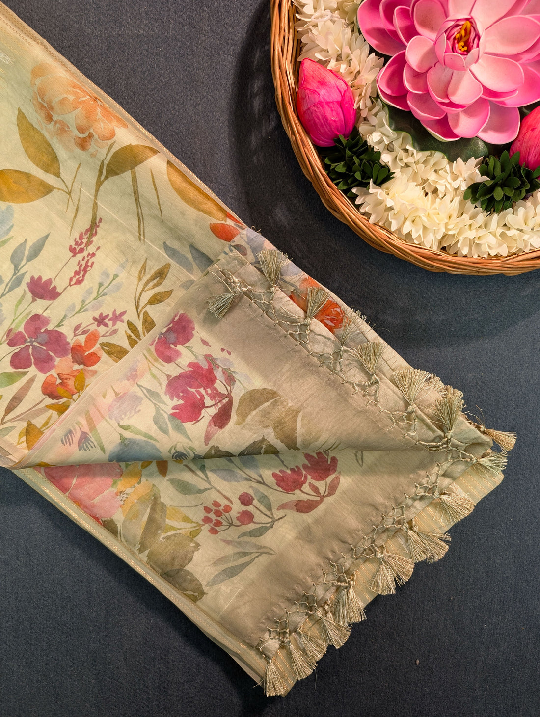 Pure Organza Saree with floral print border - Pastel Green