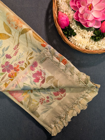 Pure Organza Saree with floral print border - Pastel Green