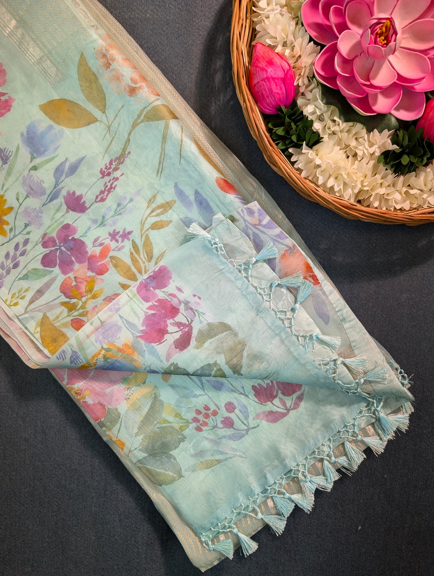 Pure Organza Saree with floral print border - Pastel Blue