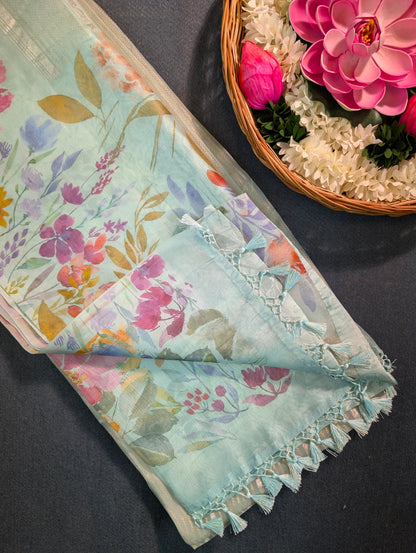 Pure Organza Saree with floral print border - Pastel Blue