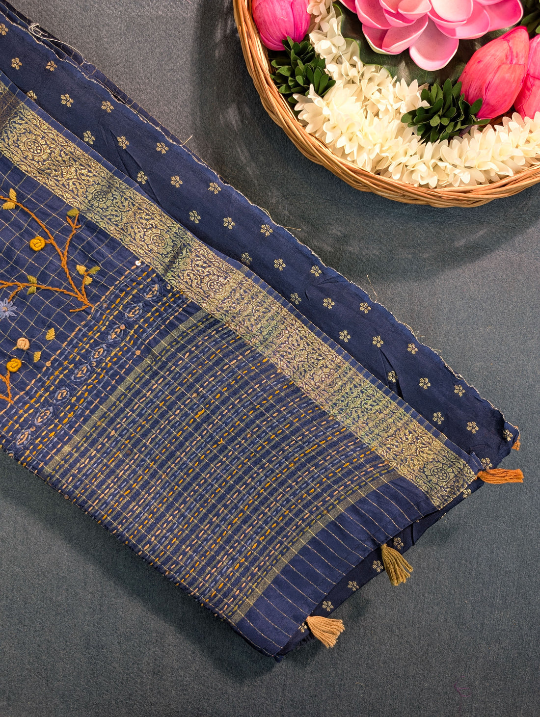Navy Blue Checks Saree with Zari Border