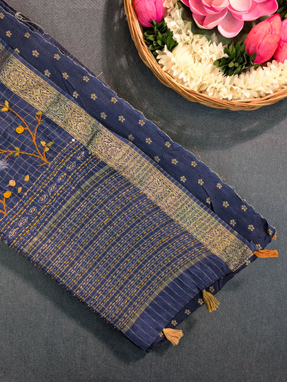 Navy Blue Checks Saree with Zari Border