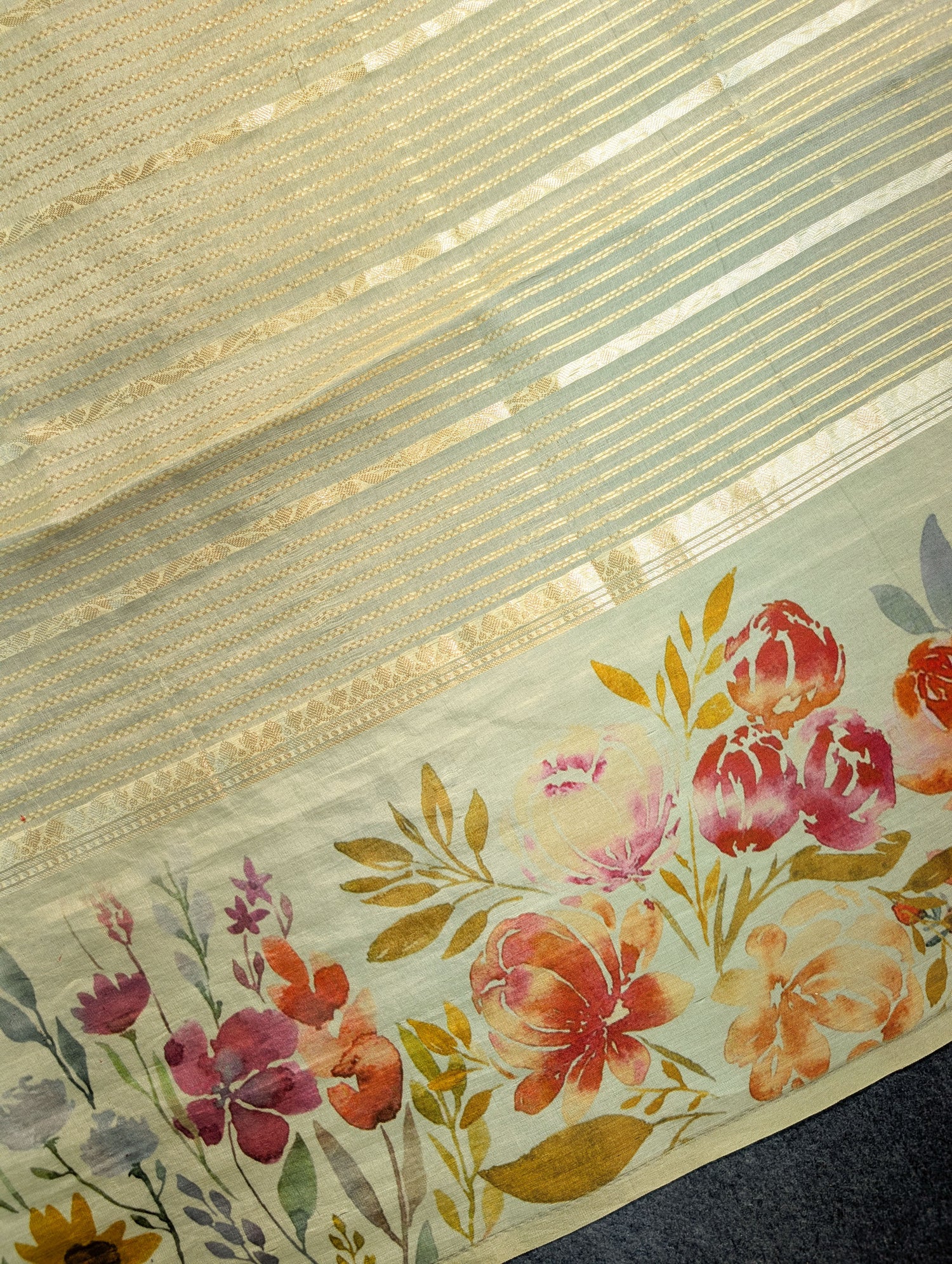 Pure Organza Saree with floral print border - Pastel Green