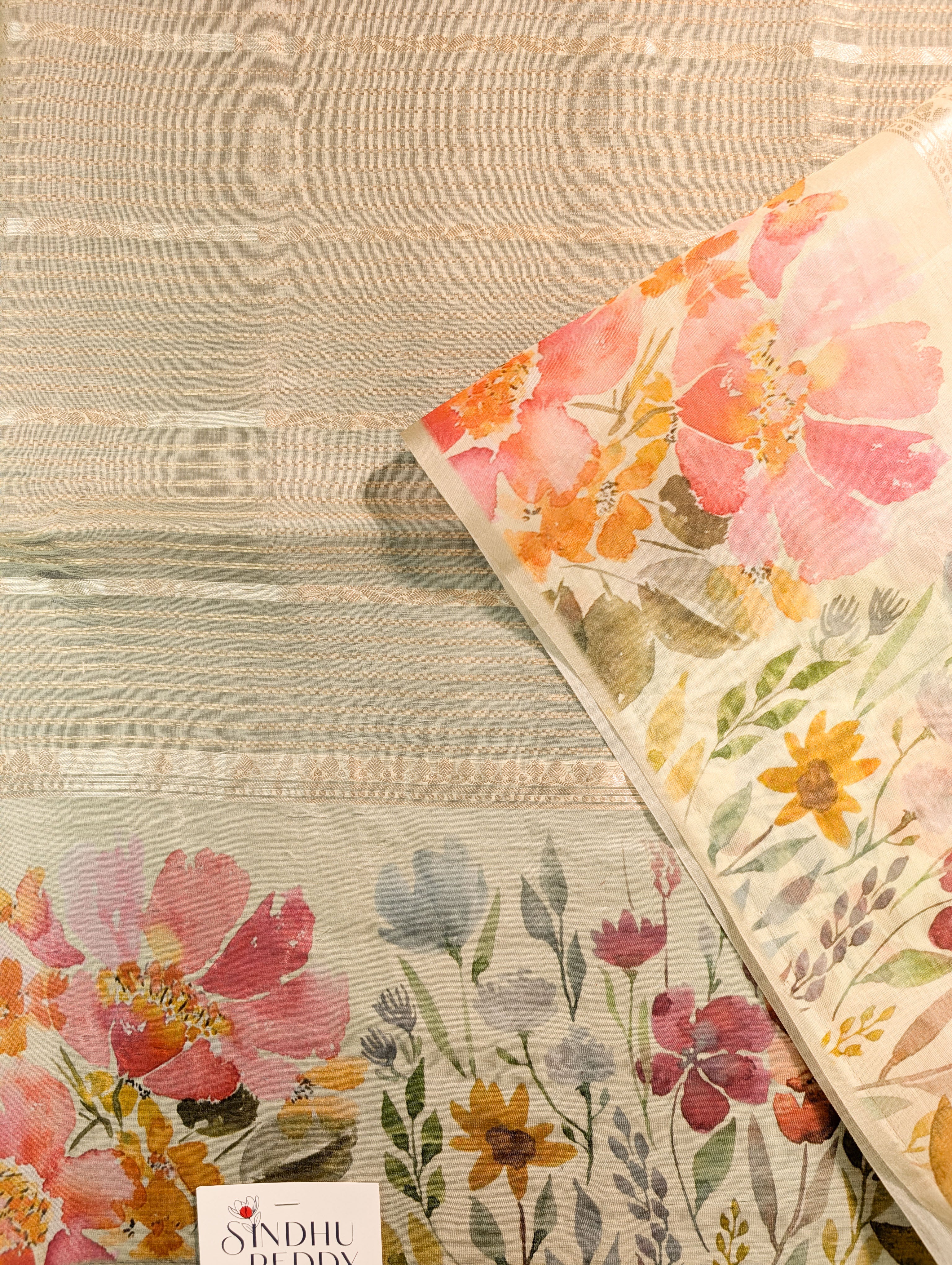 Pure Organza Saree with floral print border - Pastel Green