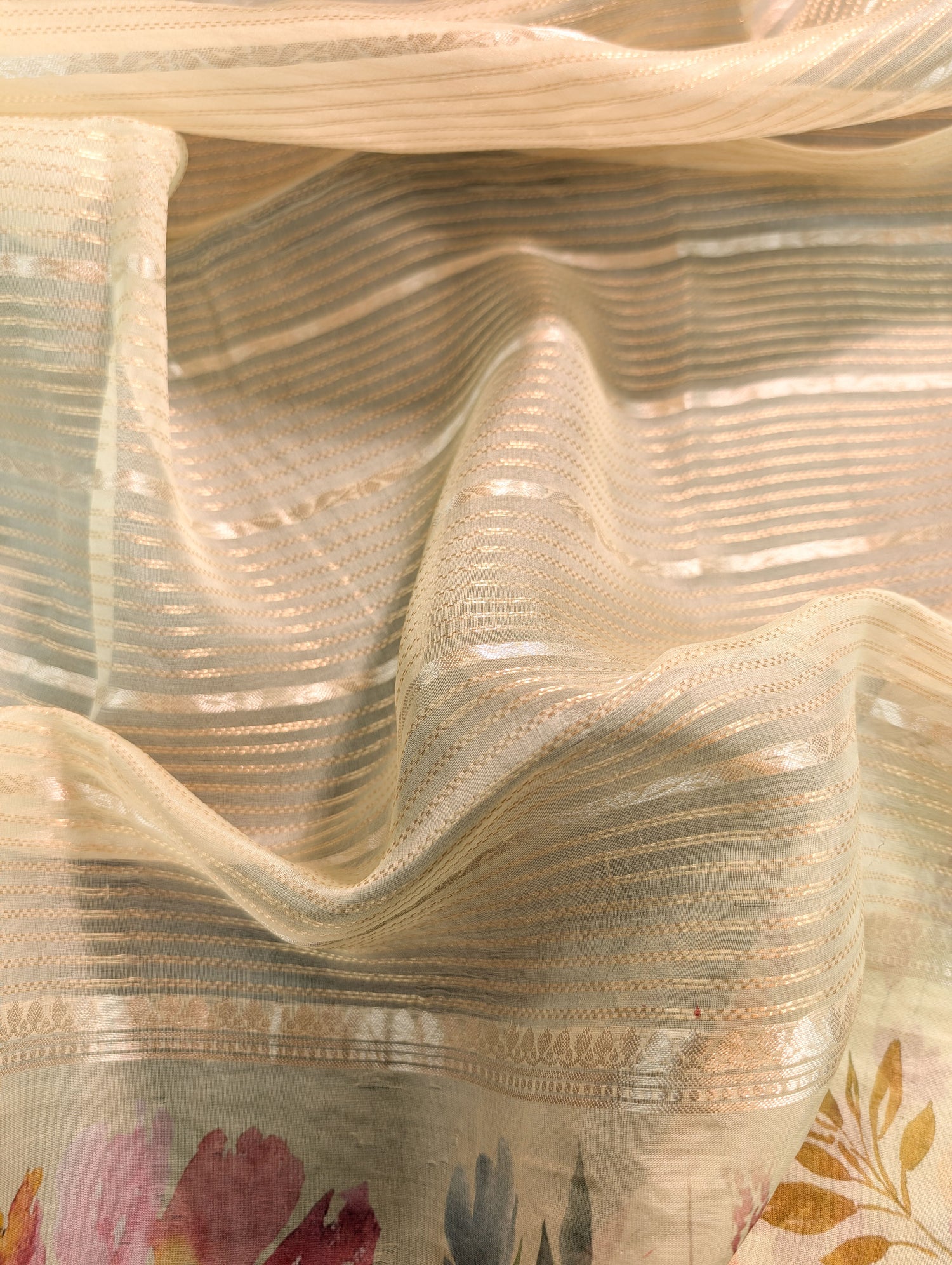 Pure Organza Saree with floral print border - Pastel Green