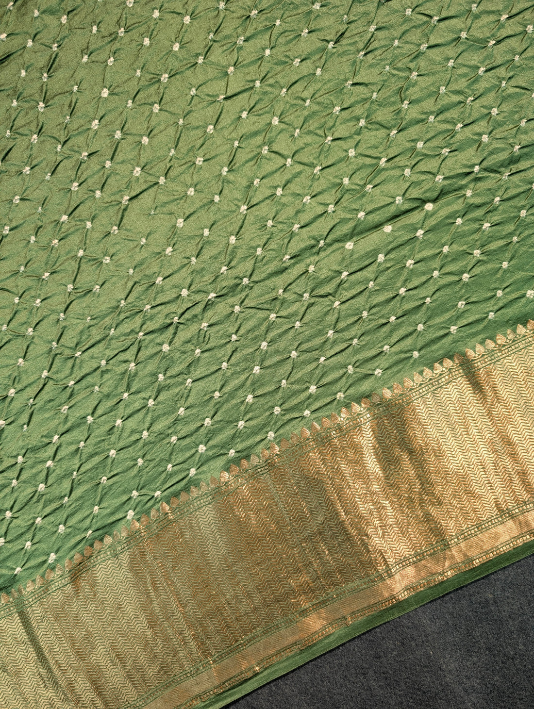 Pure Chiniya Silk X Hand knitted bandhani - Mehandi Green