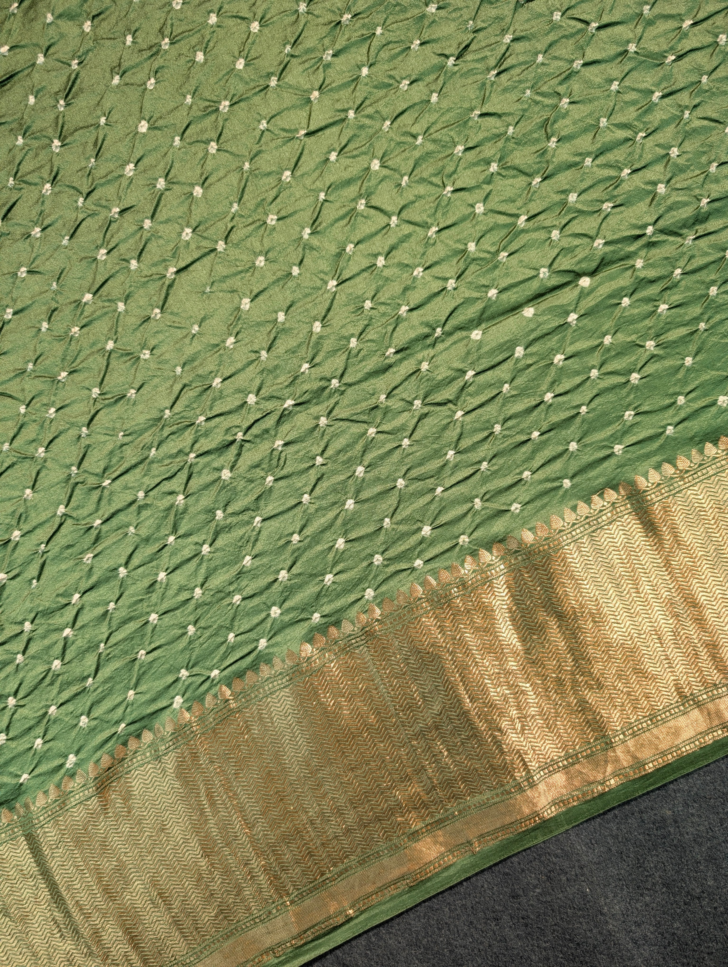 Pure Chiniya Silk X Hand knitted bandhani - Mehandi Green