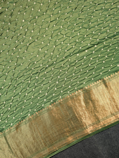 Pure Chiniya Silk X Hand knitted bandhani - Mehandi Green