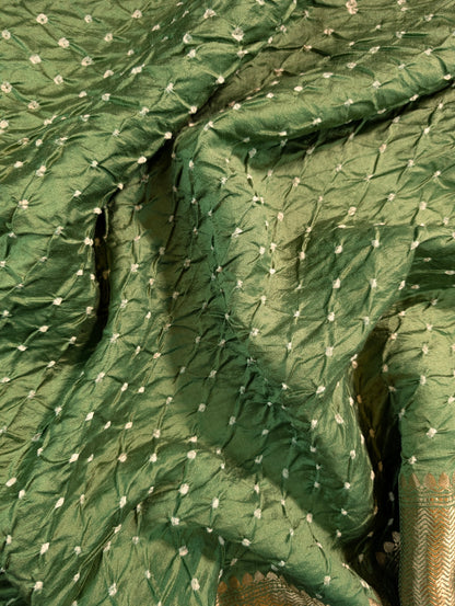 Pure Chiniya Silk X Hand knitted bandhani - Mehandi Green